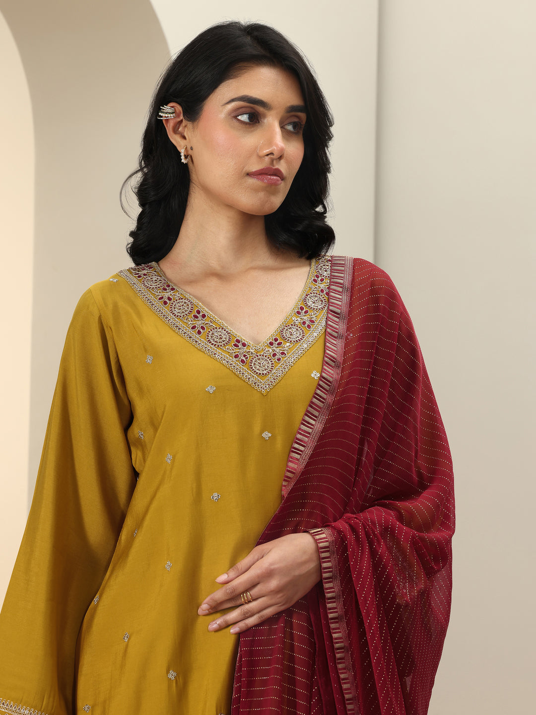 Mustard Embroidered Silk Blend Straight Suit Sets With Dupatta