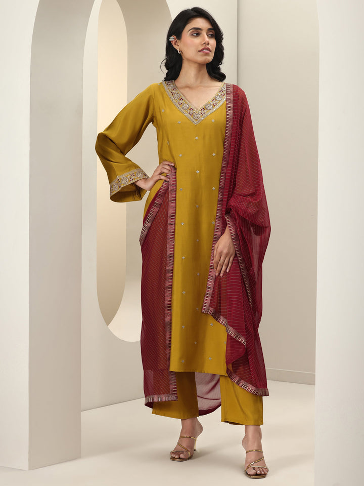 Mustard Embroidered Silk Blend Straight Suit Sets With Dupatta