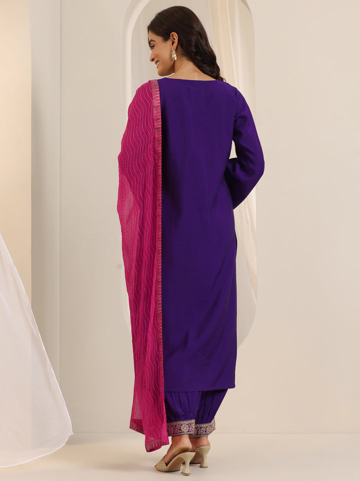 Purple Embroidered Silk Blend Straight Suit Set With Dupatta