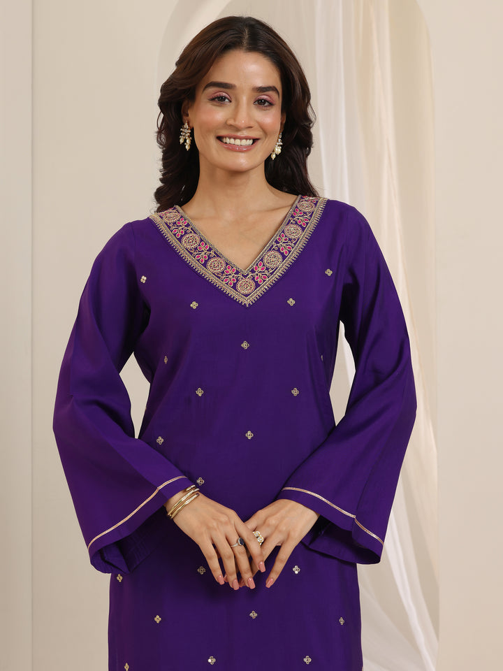 Purple Embroidered Silk Blend Straight Suit Set With Dupatta