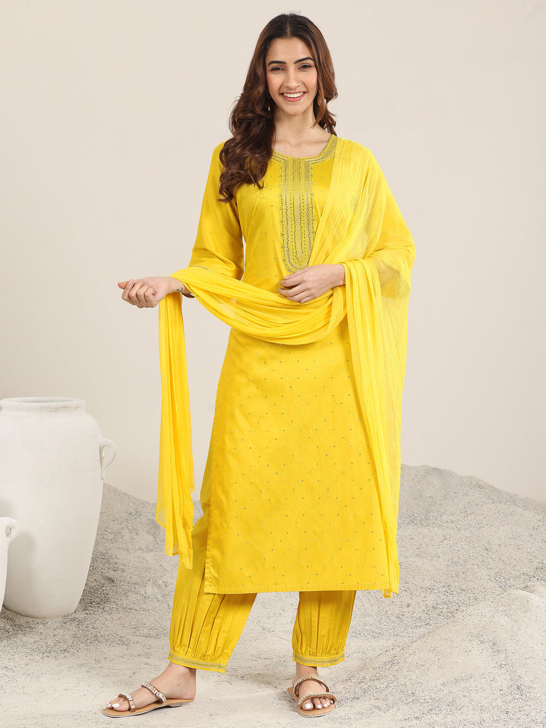 Yellow Embellished Silk Blend Straight Suit With Dupatta