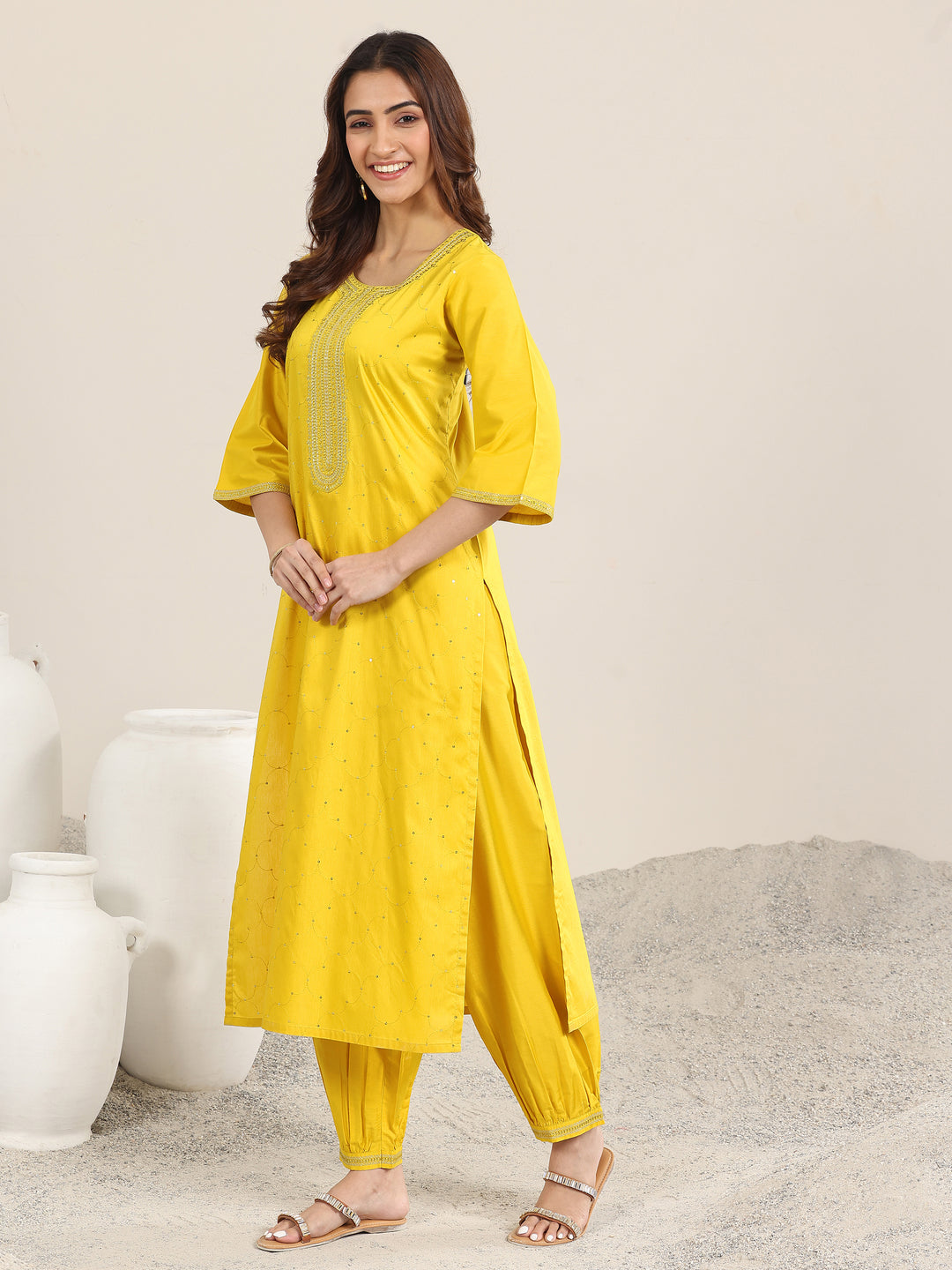 Yellow Embellished Silk Blend Straight Suit With Dupatta