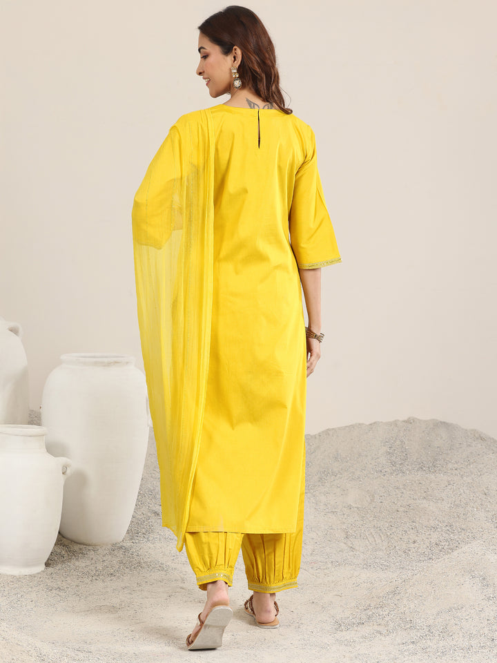 Yellow Embellished Silk Blend Straight Suit With Dupatta