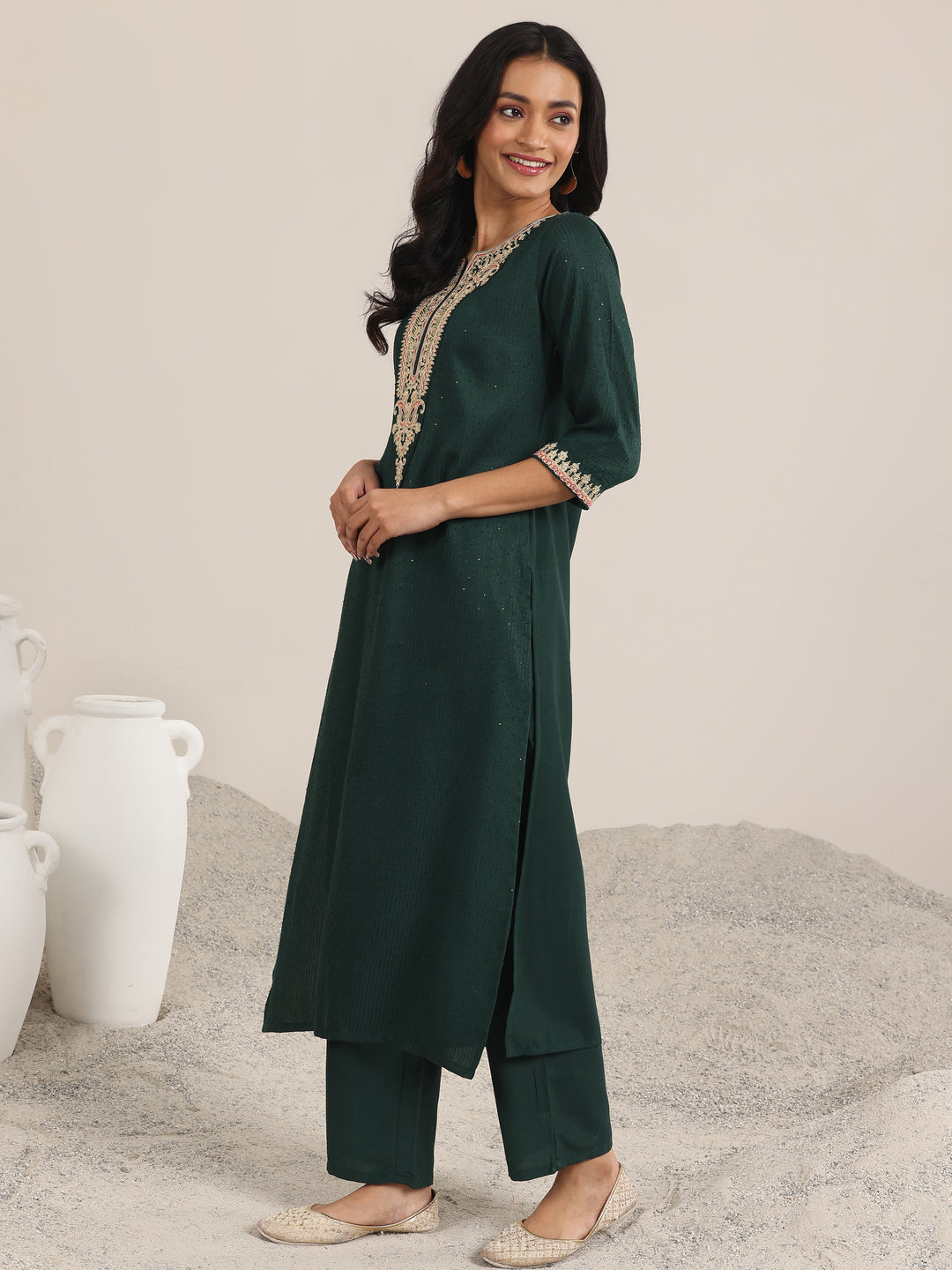 Green Yoke Deisgn Silk Blend Straight Suit With Dupatta