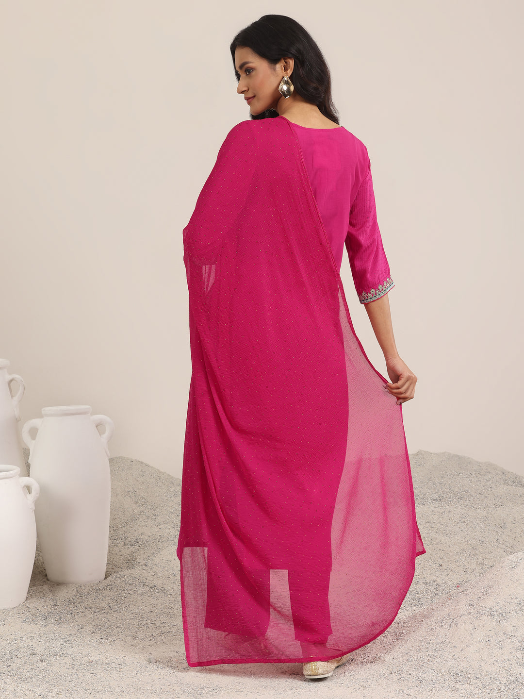Pink Yoke Deisgn Silk Blend Straight Suit With Dupatta