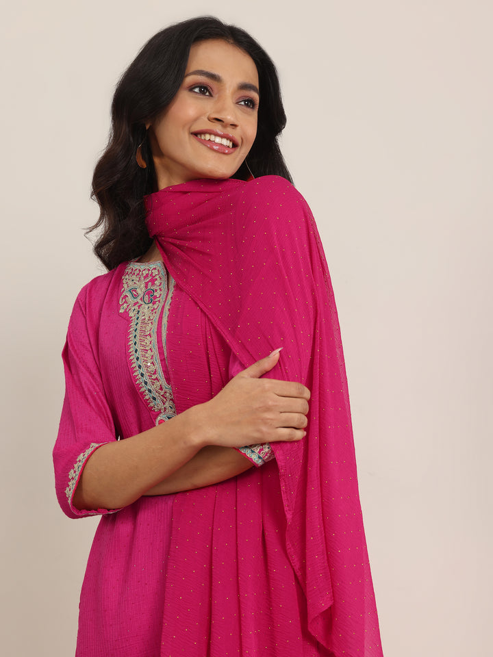 Pink Yoke Deisgn Silk Blend Straight Suit With Dupatta