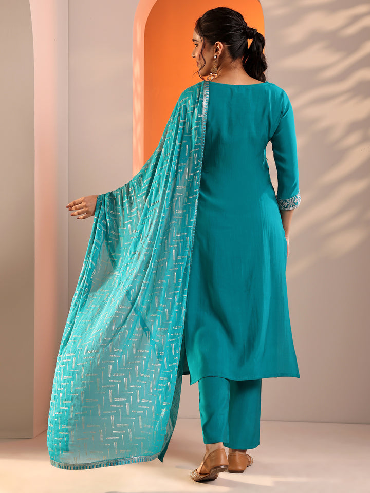 Teal Yoke Design Silk Blend Straight Suit Set With Dupatta