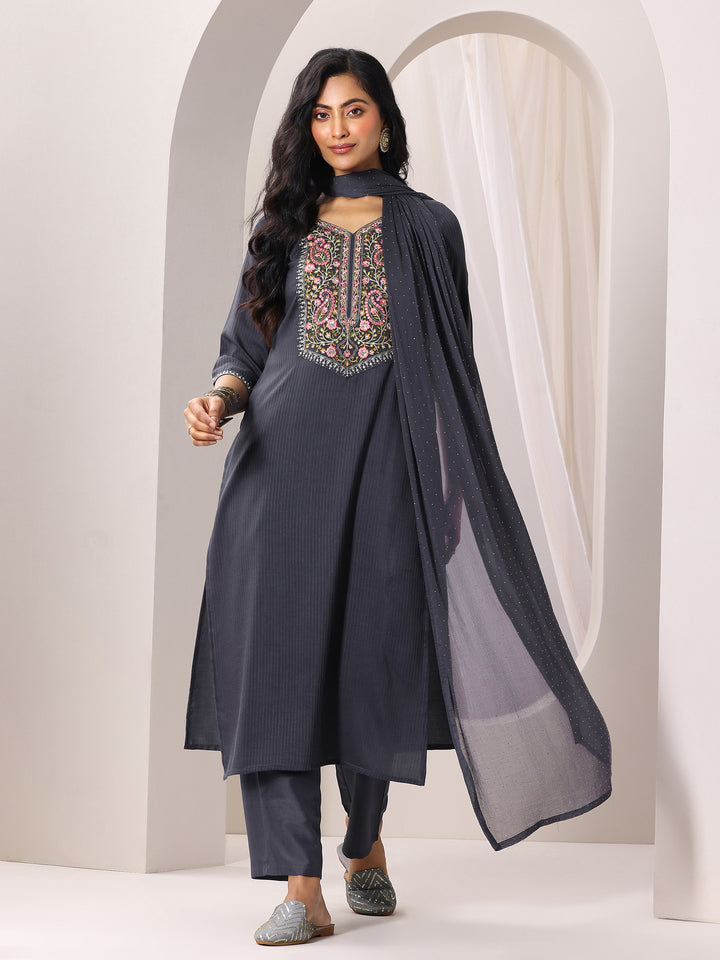 Grey Yoke Design Silk Blend Straight Suit Set With Dupatta