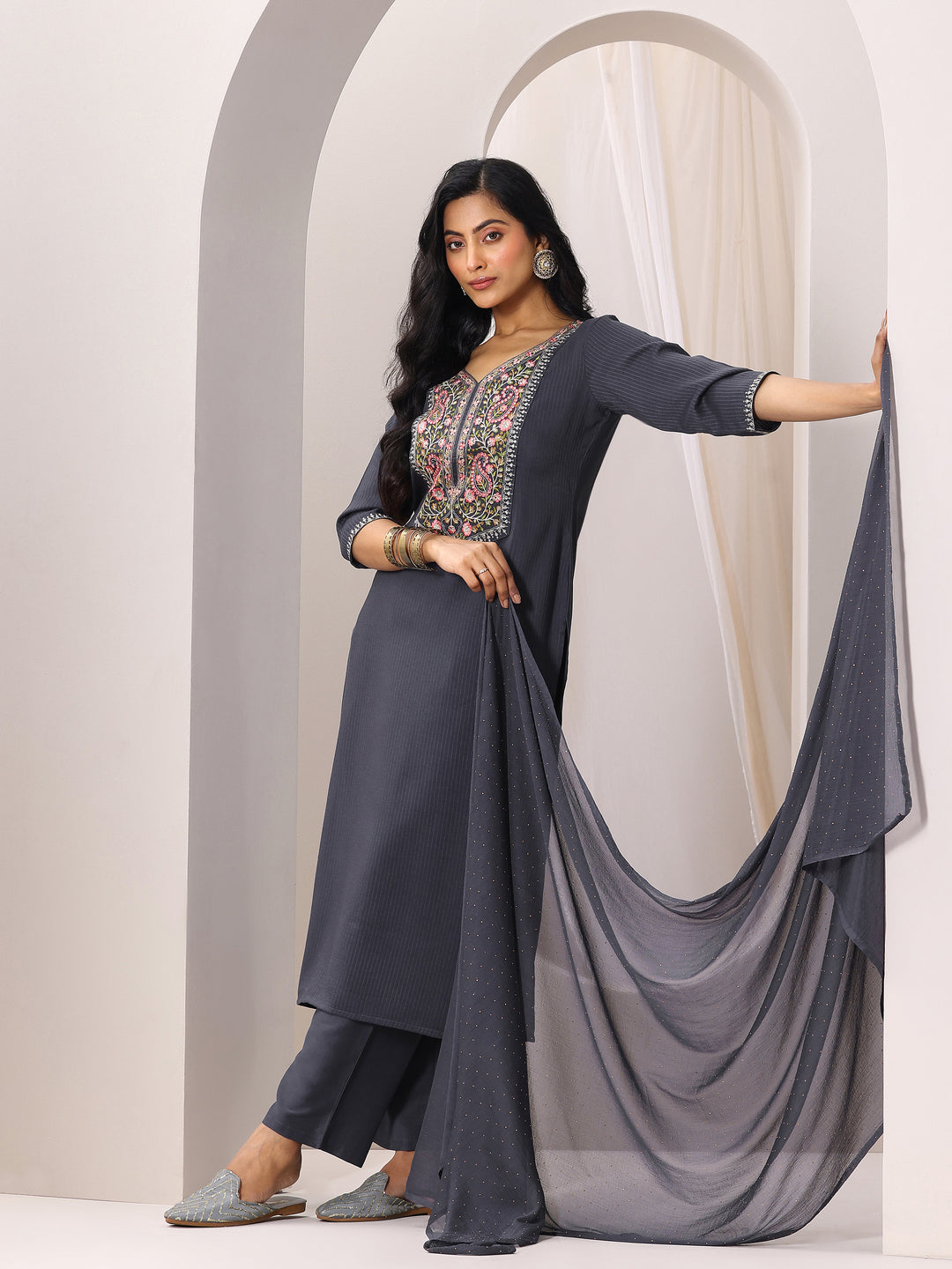 Grey Yoke Design Silk Blend Straight Suit Set With Dupatta