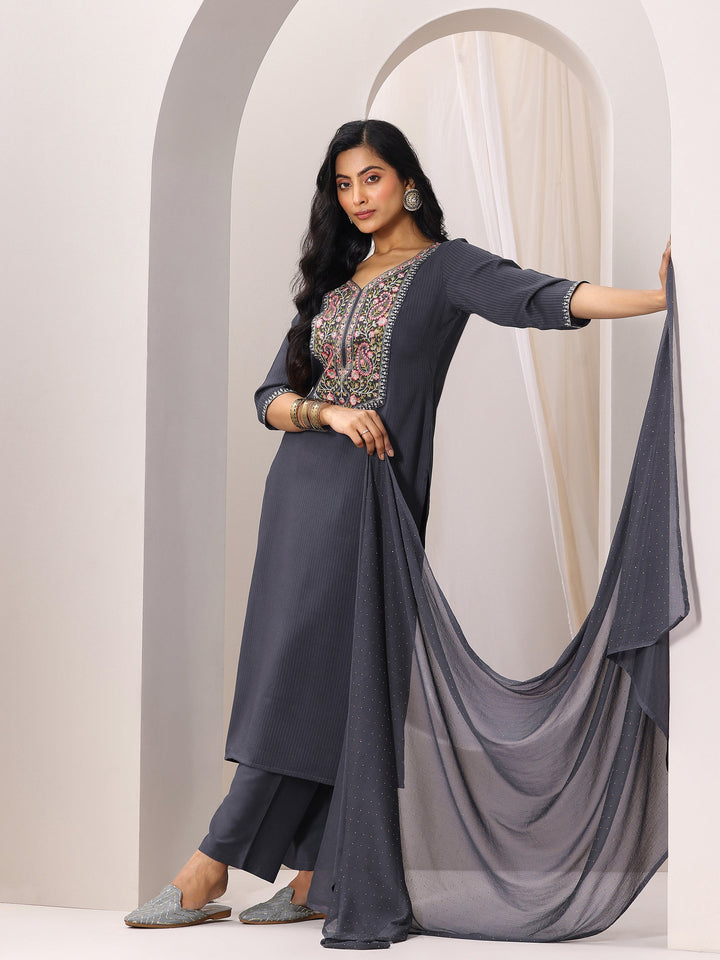 Grey Yoke Design Silk Blend Straight Suit Set With Dupatta