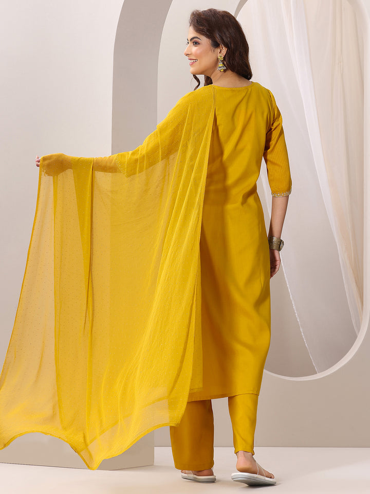 Yellow Yoke Design Silk Blend Straight Suit Set With Dupatta