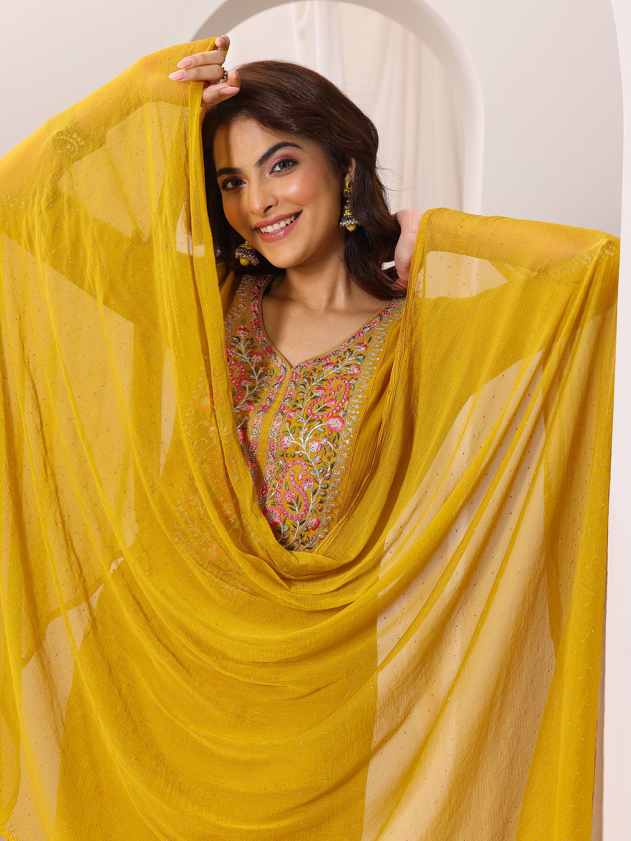 Yellow Poly Silk Floral Straight Suit Set PKSKD1476
