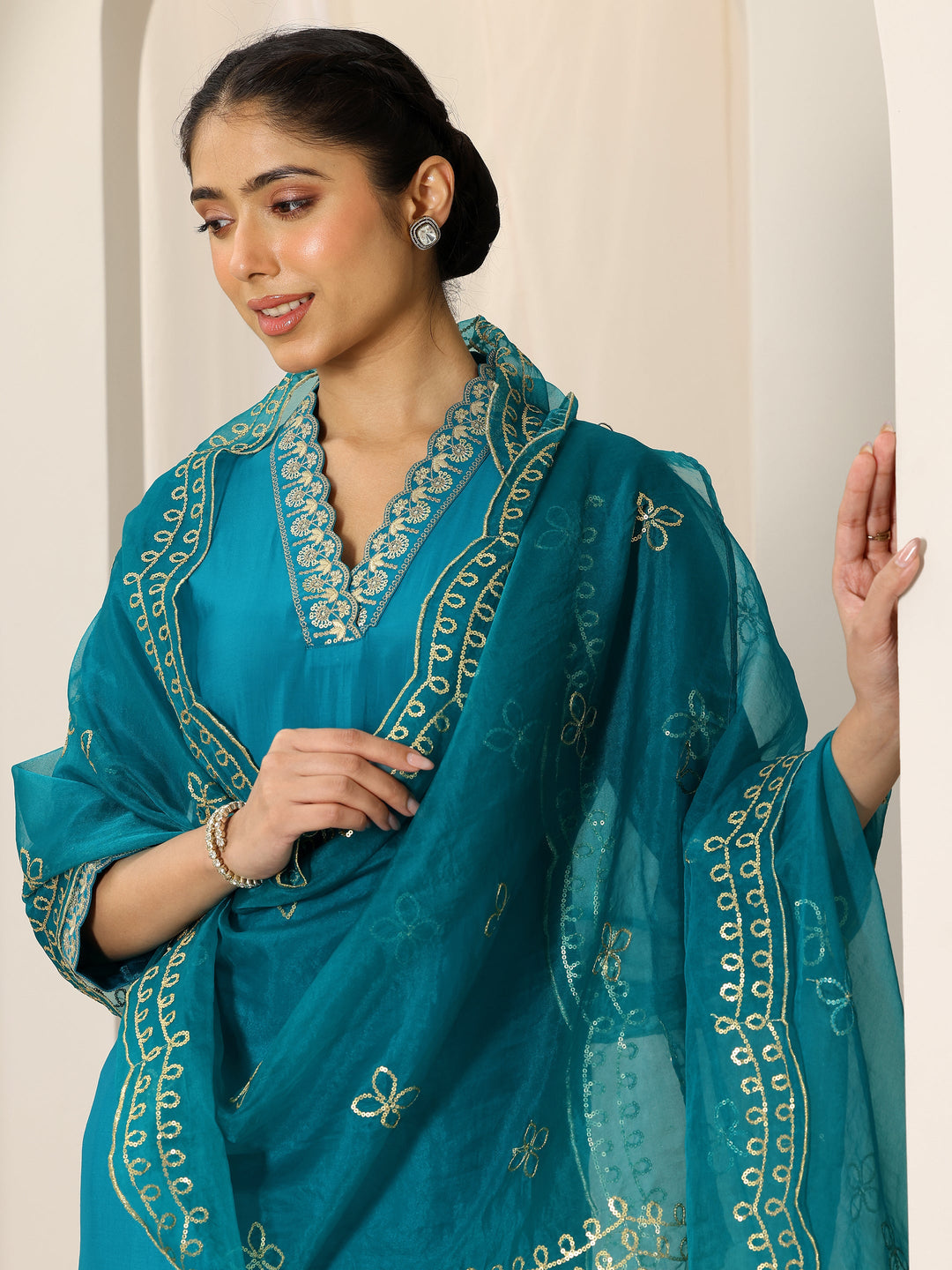 Turquoise Yoke Design Silk Blend Straight Suit Set With Dupatta