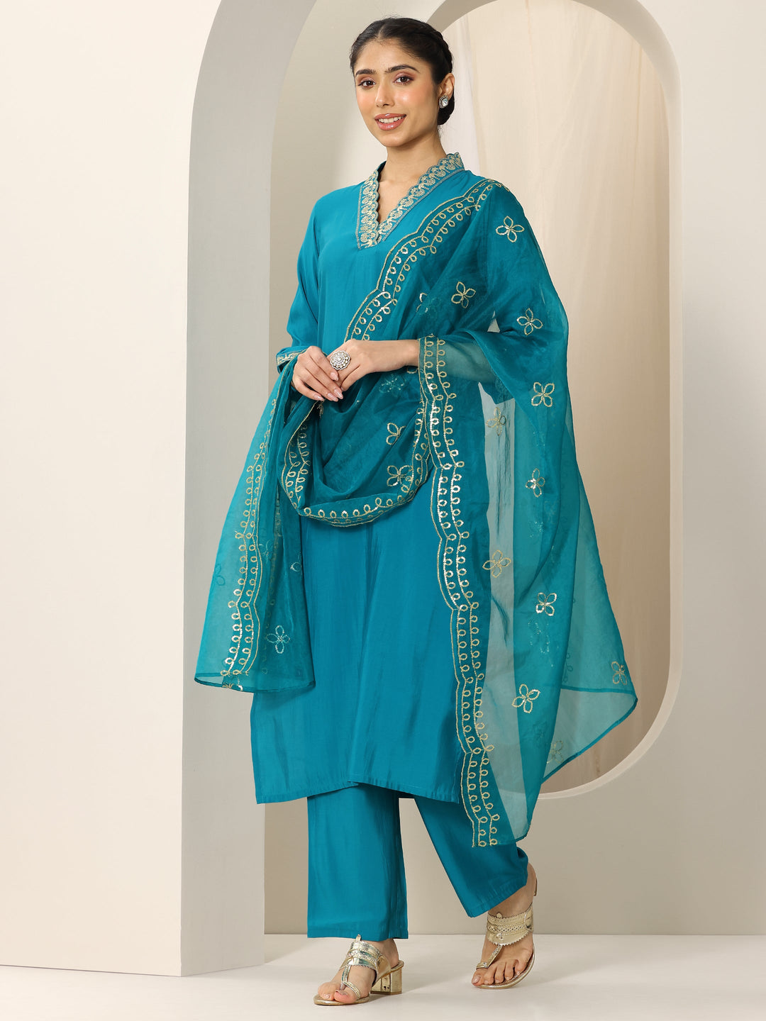 Turquoise Yoke Design Silk Blend Straight Suit Set With Dupatta