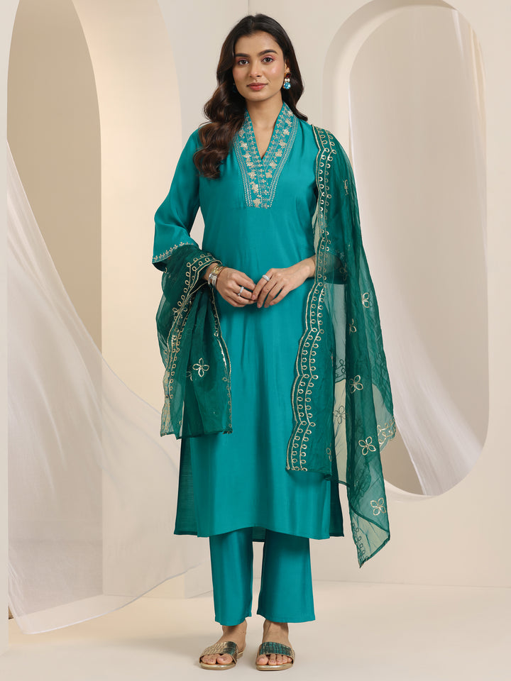 Turquoise Yoke Design Silk Blend Straight Suit Set With Dupatta