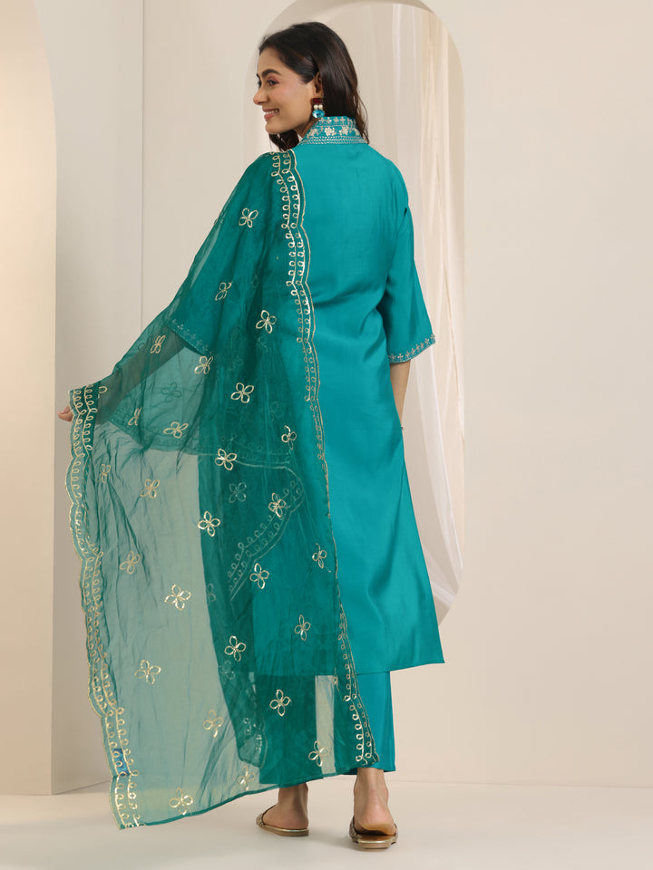 Turquoise Yoke Design Silk Blend Straight Suit Set With Dupatta