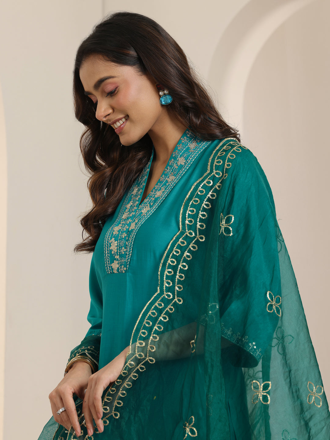 Turquoise Yoke Design Silk Blend Straight Suit Set With Dupatta