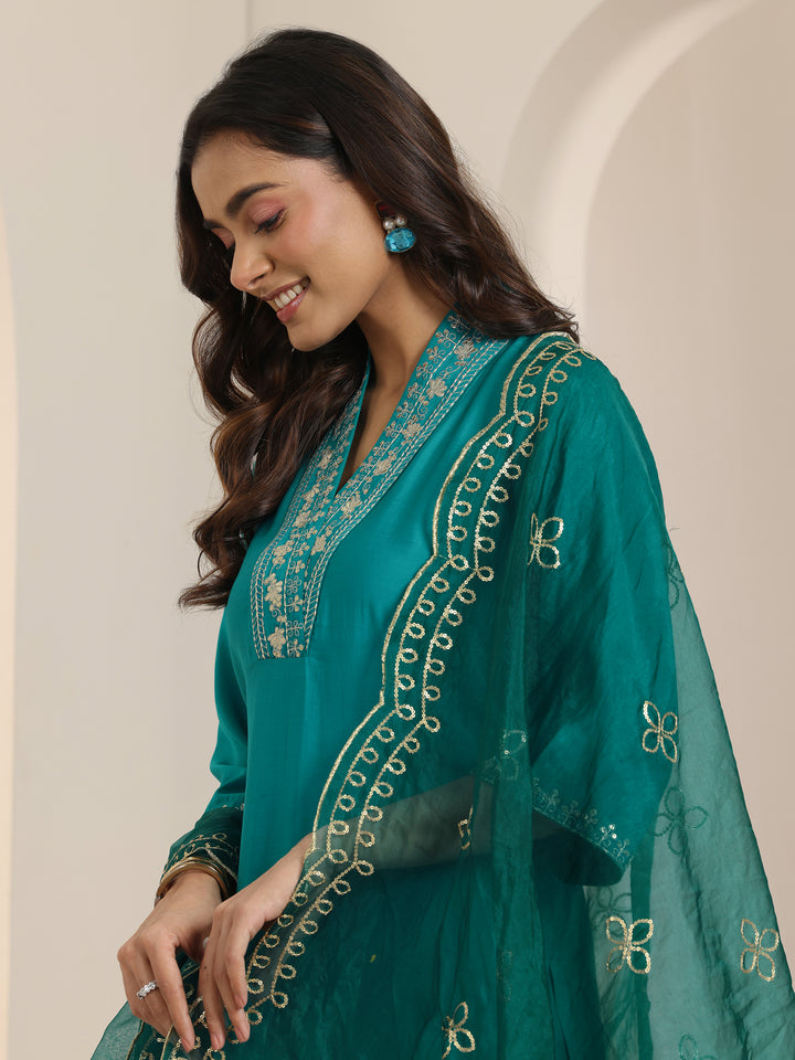 Turquoise Yoke Design Silk Blend Straight Suit Set With Dupatta
