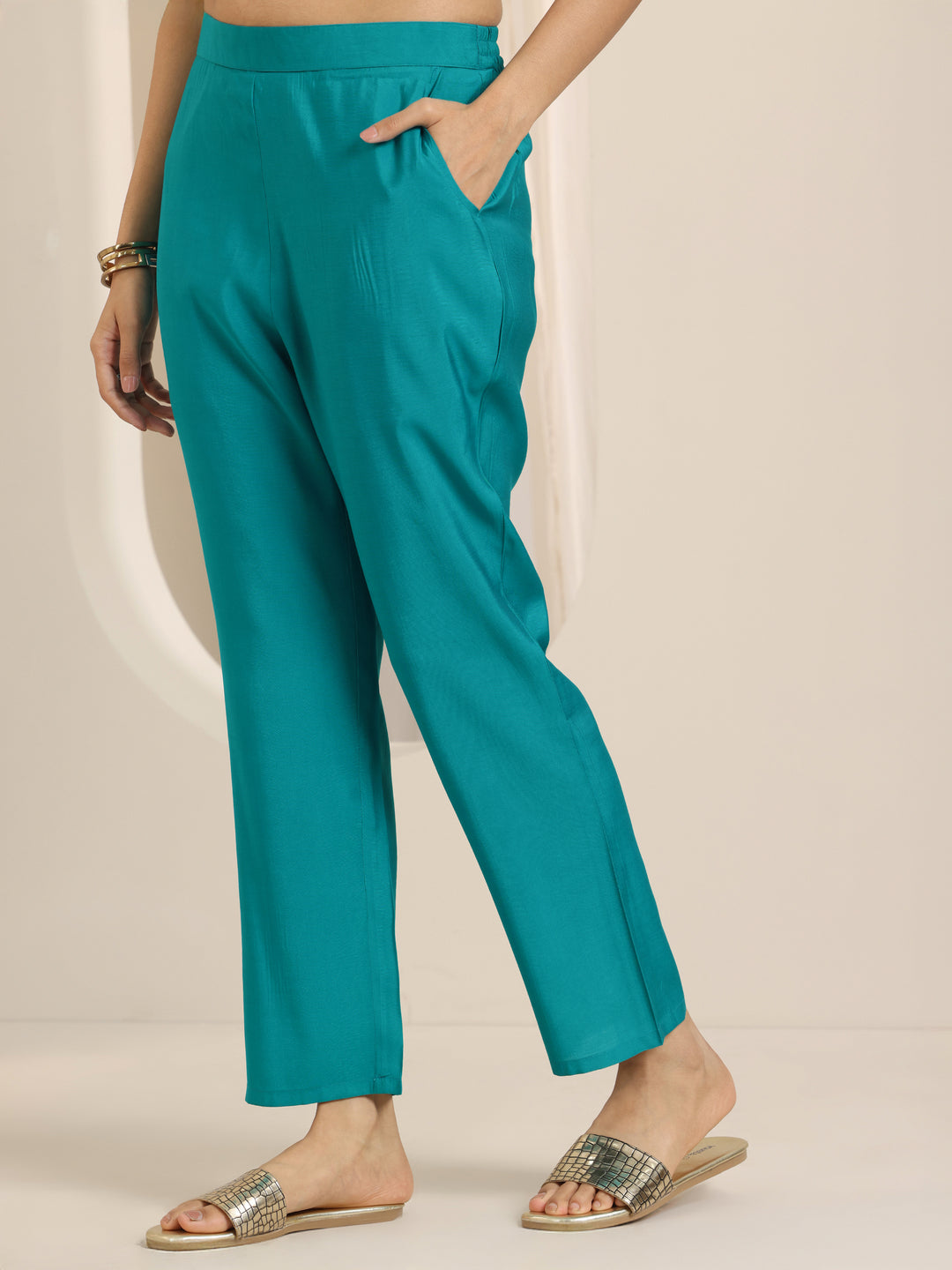 Turquoise Yoke Design Silk Blend Straight Suit Set With Dupatta