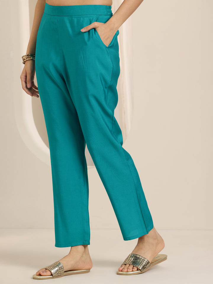 Turquoise Yoke Design Silk Blend Straight Suit Set With Dupatta