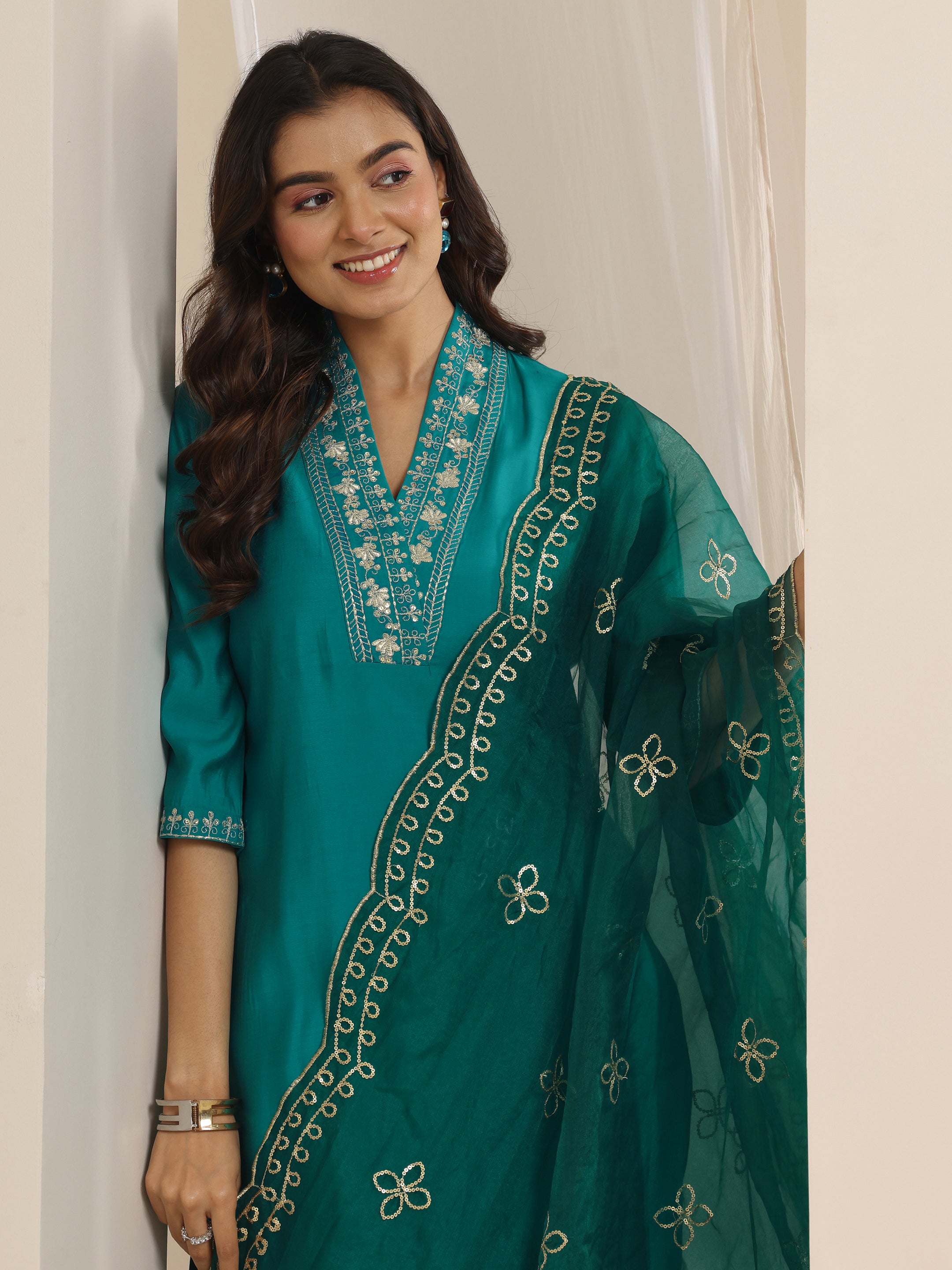 Beige Yoke Design Silk Blend Straight Suit With Dupatta main image 0