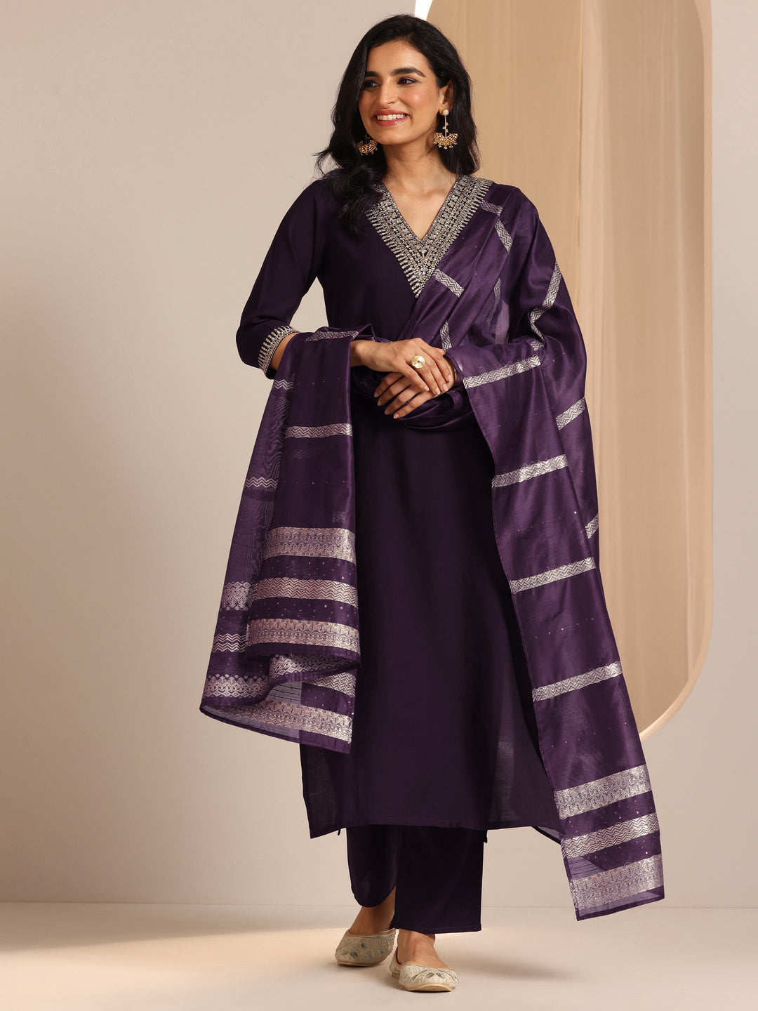 Burgundy Yoke Design Silk Blend Straight Suit Set With Dupatta