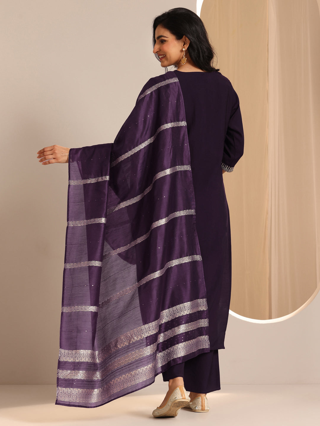 Burgundy Yoke Design Silk Blend Straight Suit Set With Dupatta