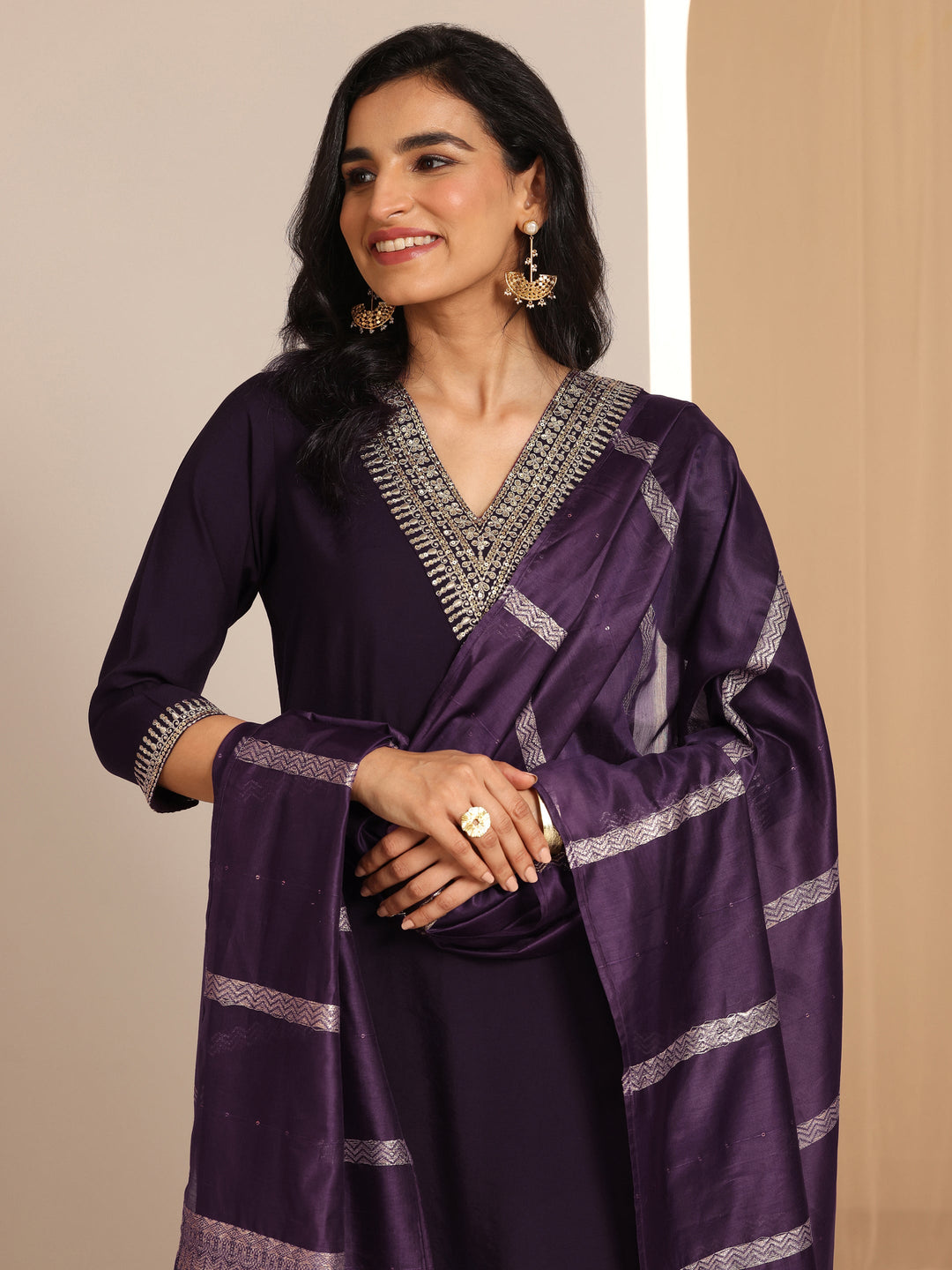 Burgundy Yoke Design Silk Blend Straight Suit Set With Dupatta