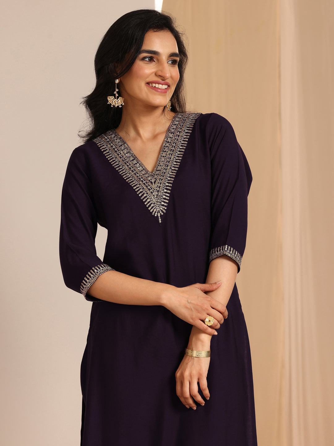 Burgundy Yoke Design Silk Blend Straight Suit Set With Dupatta