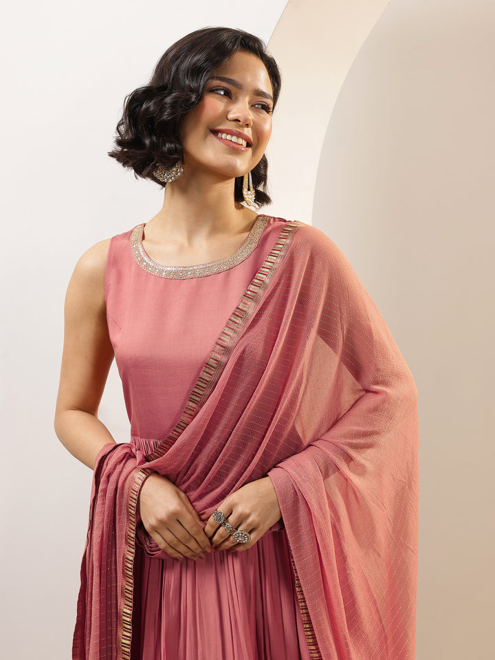Peach Solid Silk Blend Anarkali Suit Sets With Dupatta