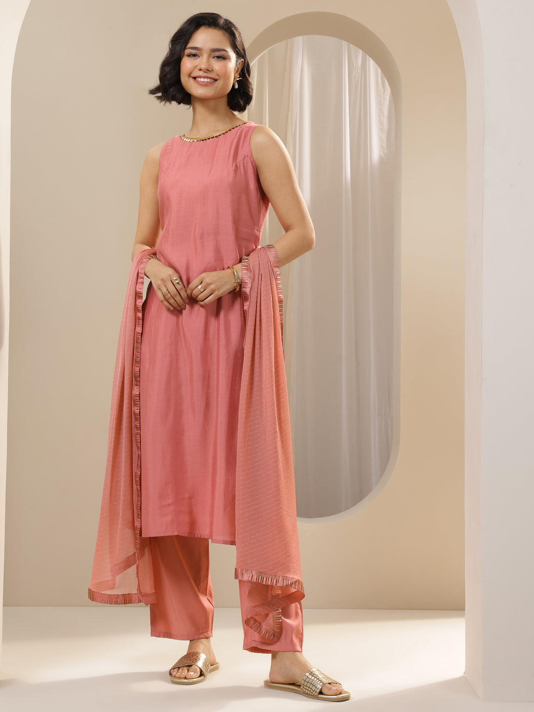 Peach Solid Silk Blend Straight Suit Sets With Dupatta