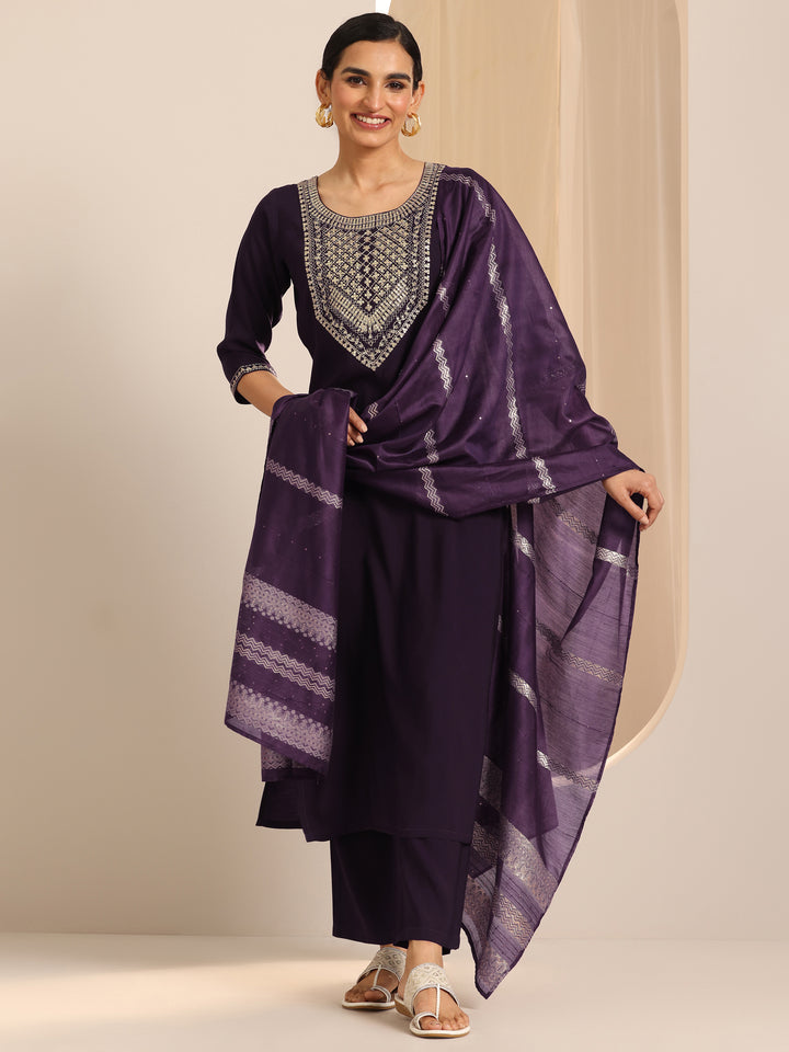 Burgundy Yoke Design Silk Blend Straight Suit Set With Dupatta
