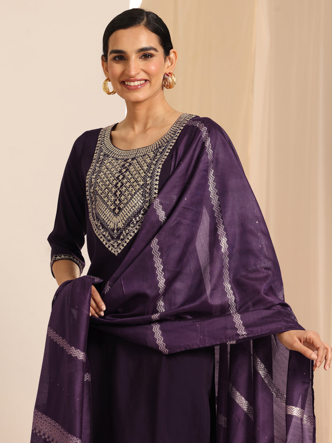 Burgundy Yoke Design Silk Blend Straight Suit Set With Dupatta