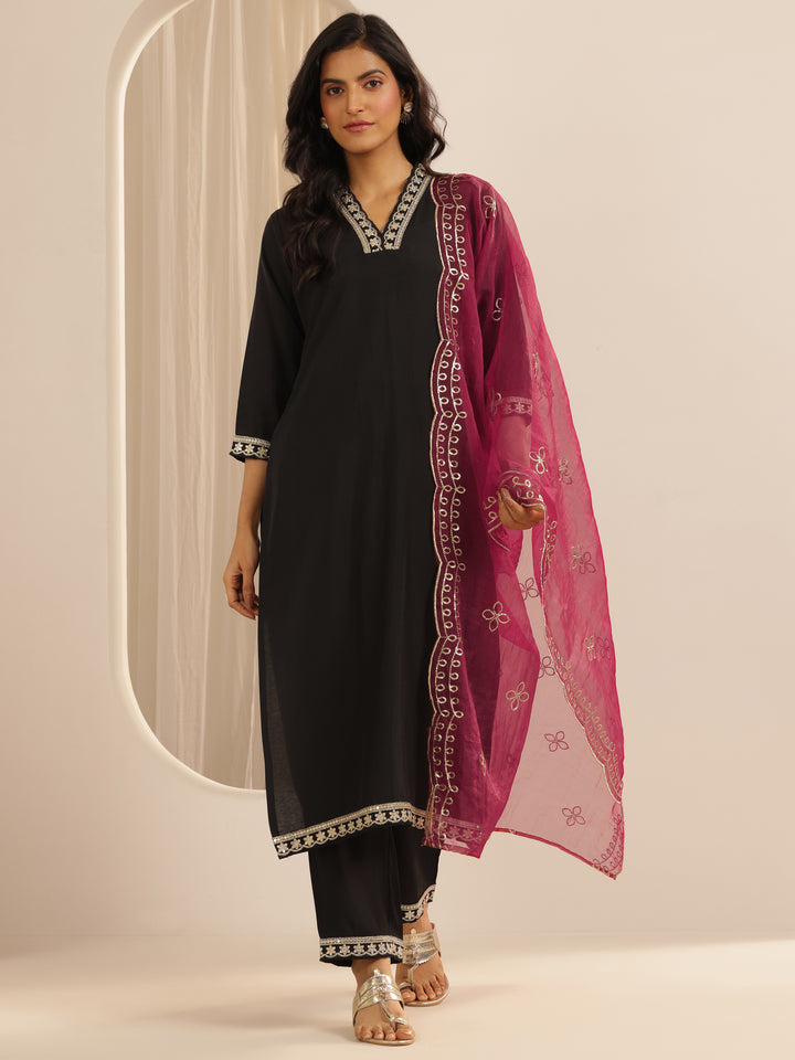 Black Solid Silk blend Straight Suit Set With Dupatta