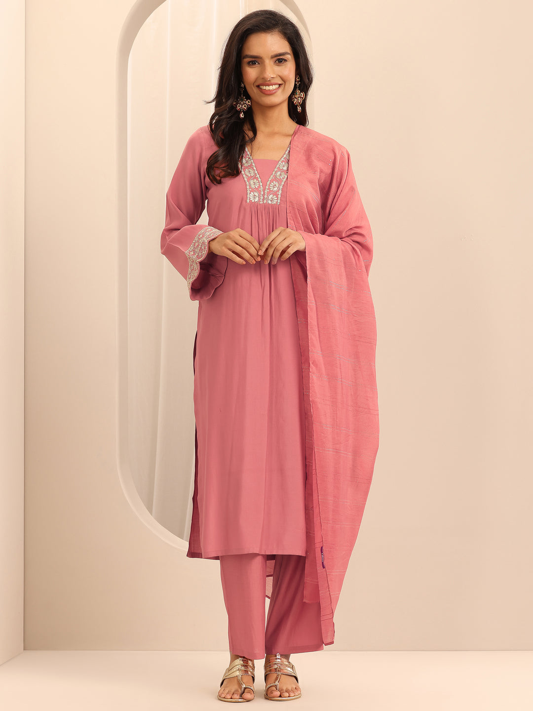 Peach Yoke Design Silk Blend Straight Suit Set With Dupatta