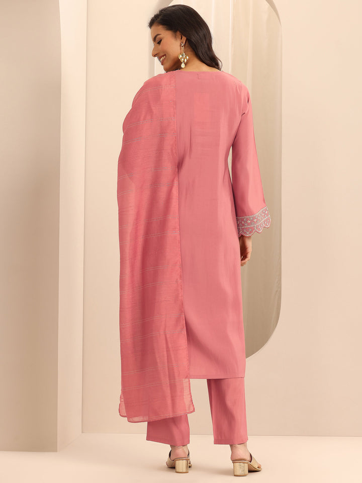 Peach Embroidered Silk Blend Straight Suit Set With Dupatta