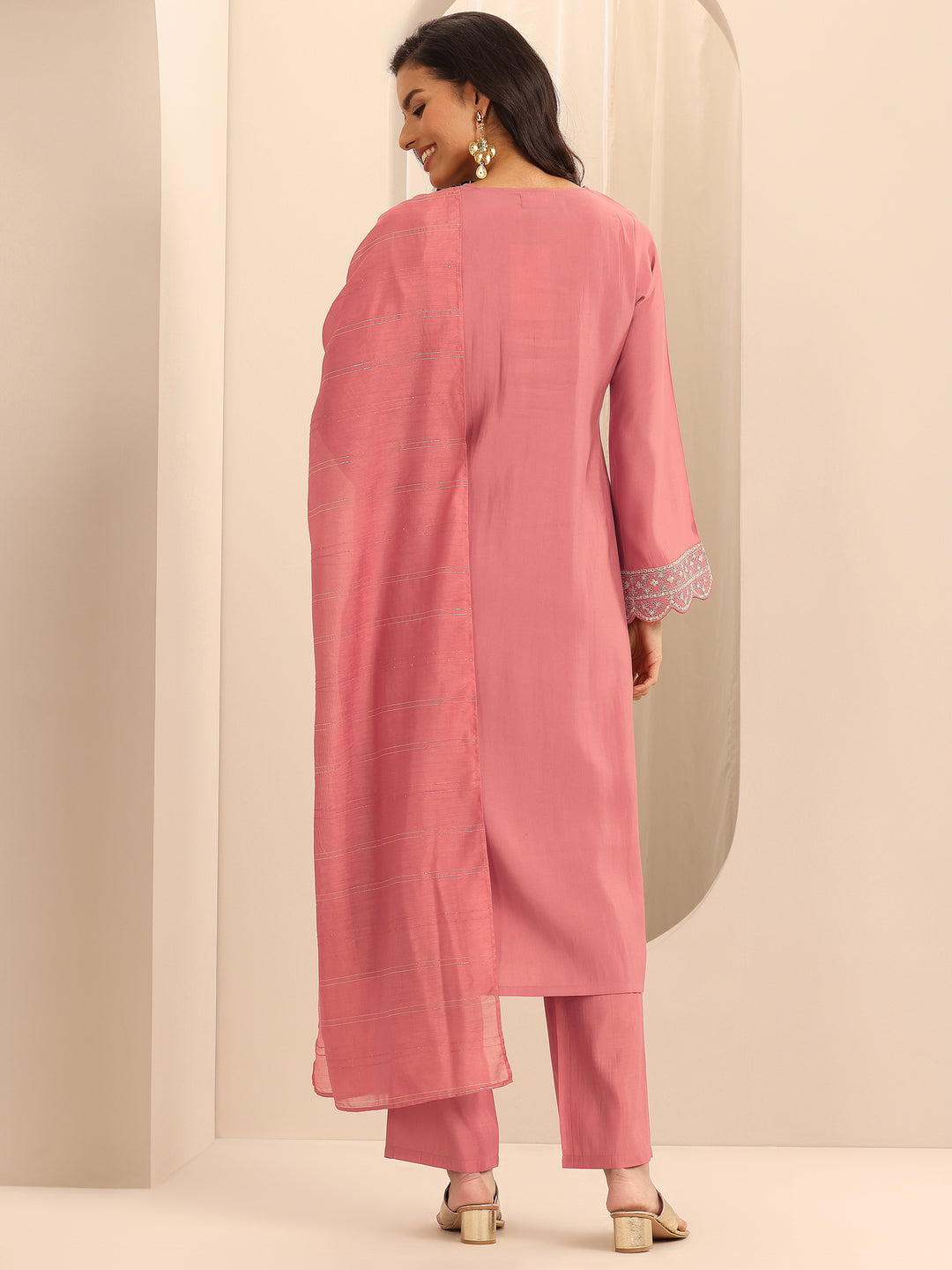 Peach Yoke Design Silk Blend Straight Suit Set With Dupatta
