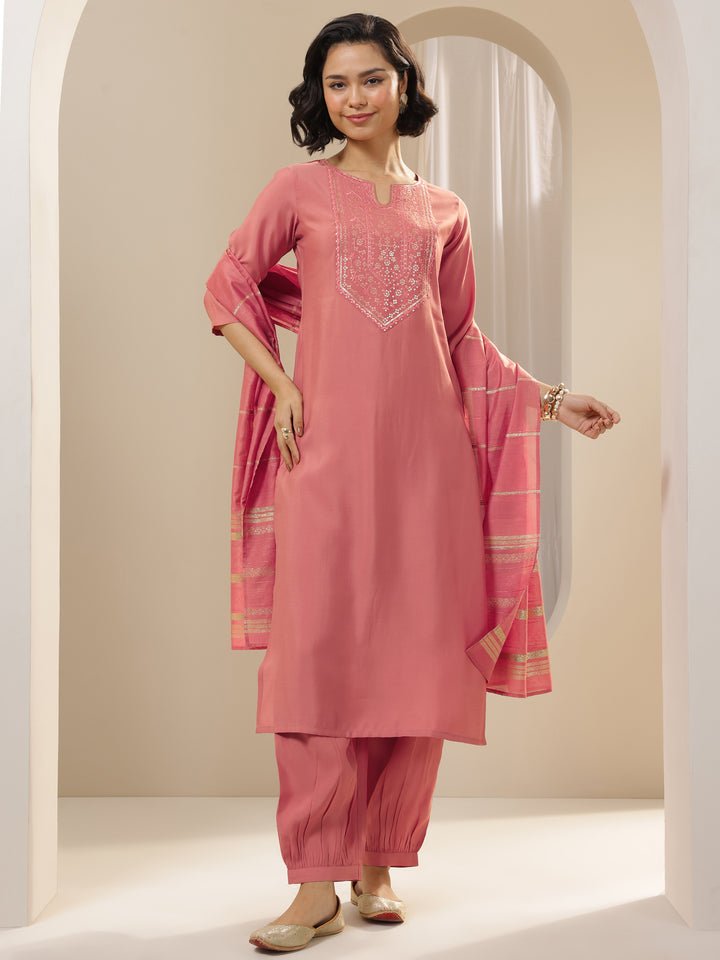 Peach Embroidered Silk Blend Straight Suit Sets With Dupatta