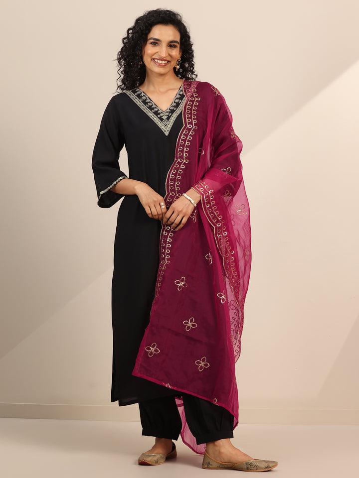 Black Yoke Design Silk Blend Straight Suit Set With Dupatta