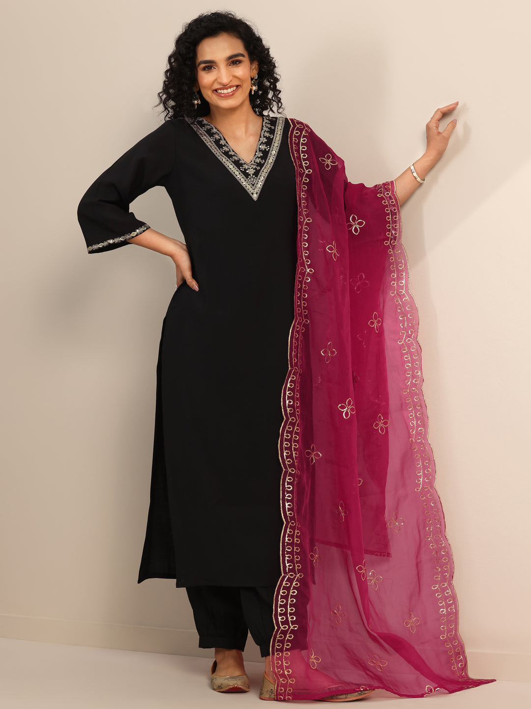Black Yoke Design Silk Blend Straight Suit Set With Dupatta