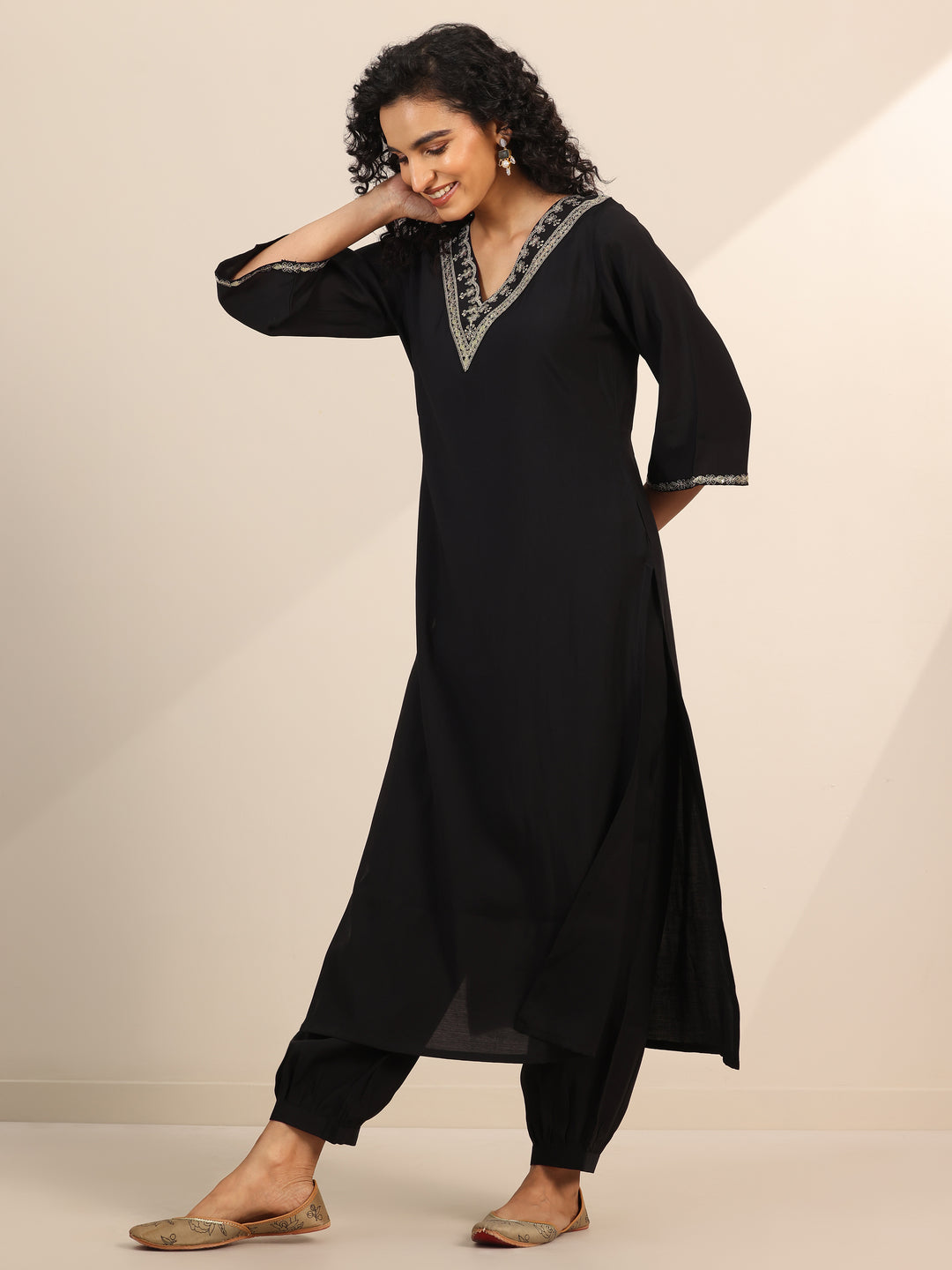 Black Yoke Design Silk Blend Straight Suit Set With Dupatta