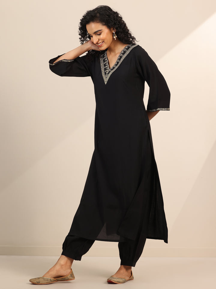 Black Yoke Design Silk Blend Straight Suit Set With Dupatta