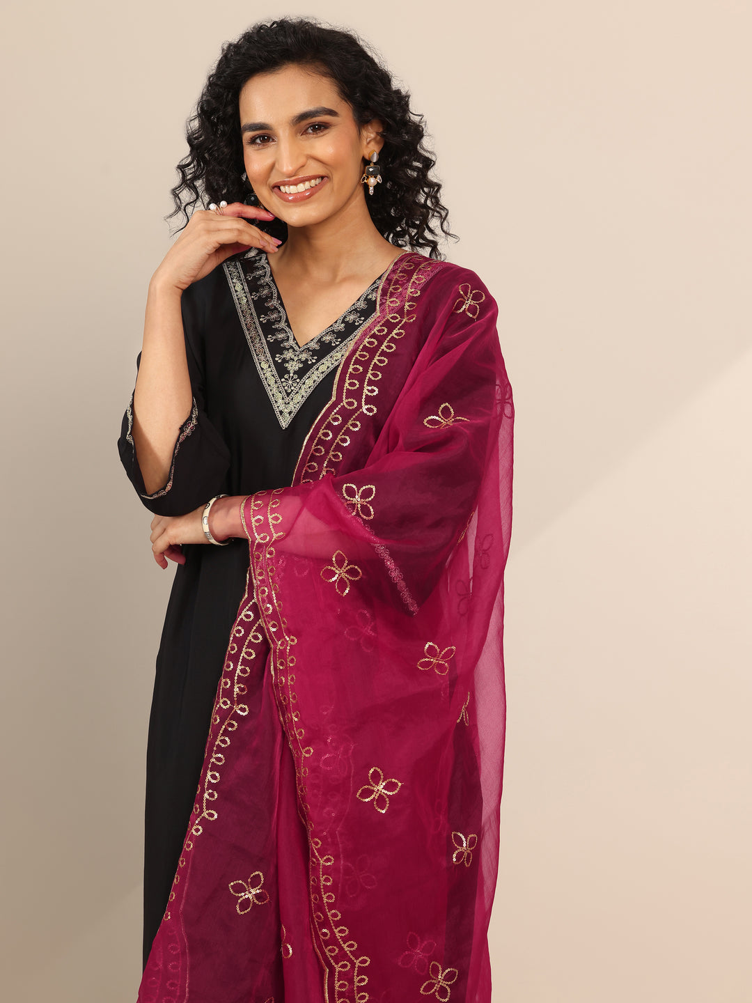 Black Yoke Design Silk Blend Straight Suit Set With Dupatta