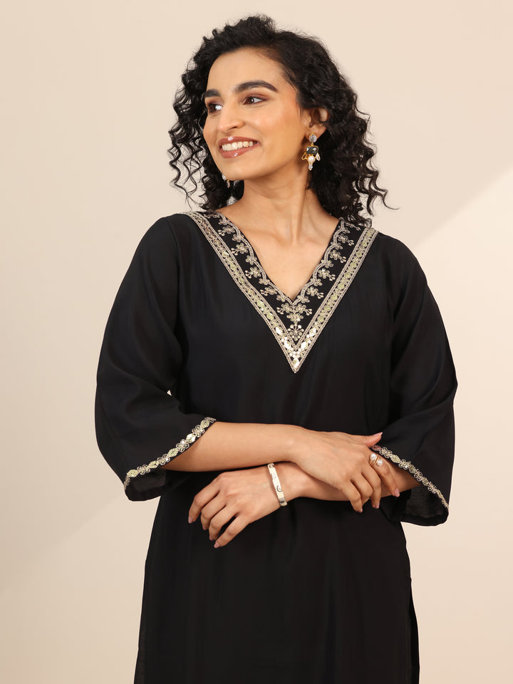 Black Yoke Design Silk Blend Straight Suit Set With Dupatta