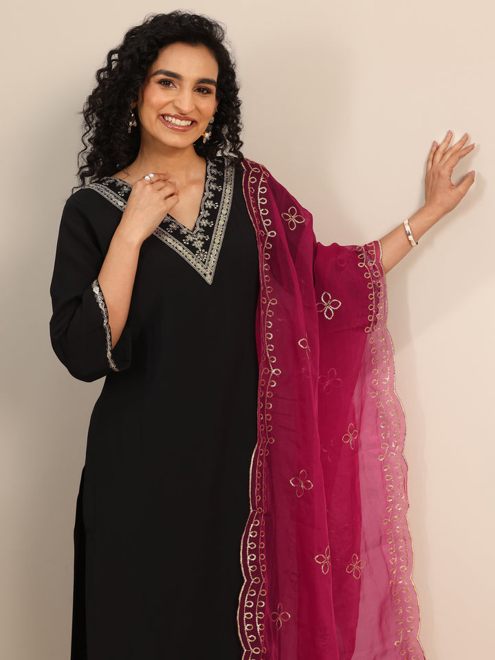Black Yoke Design Silk Blend Straight Suit Set With Dupatta