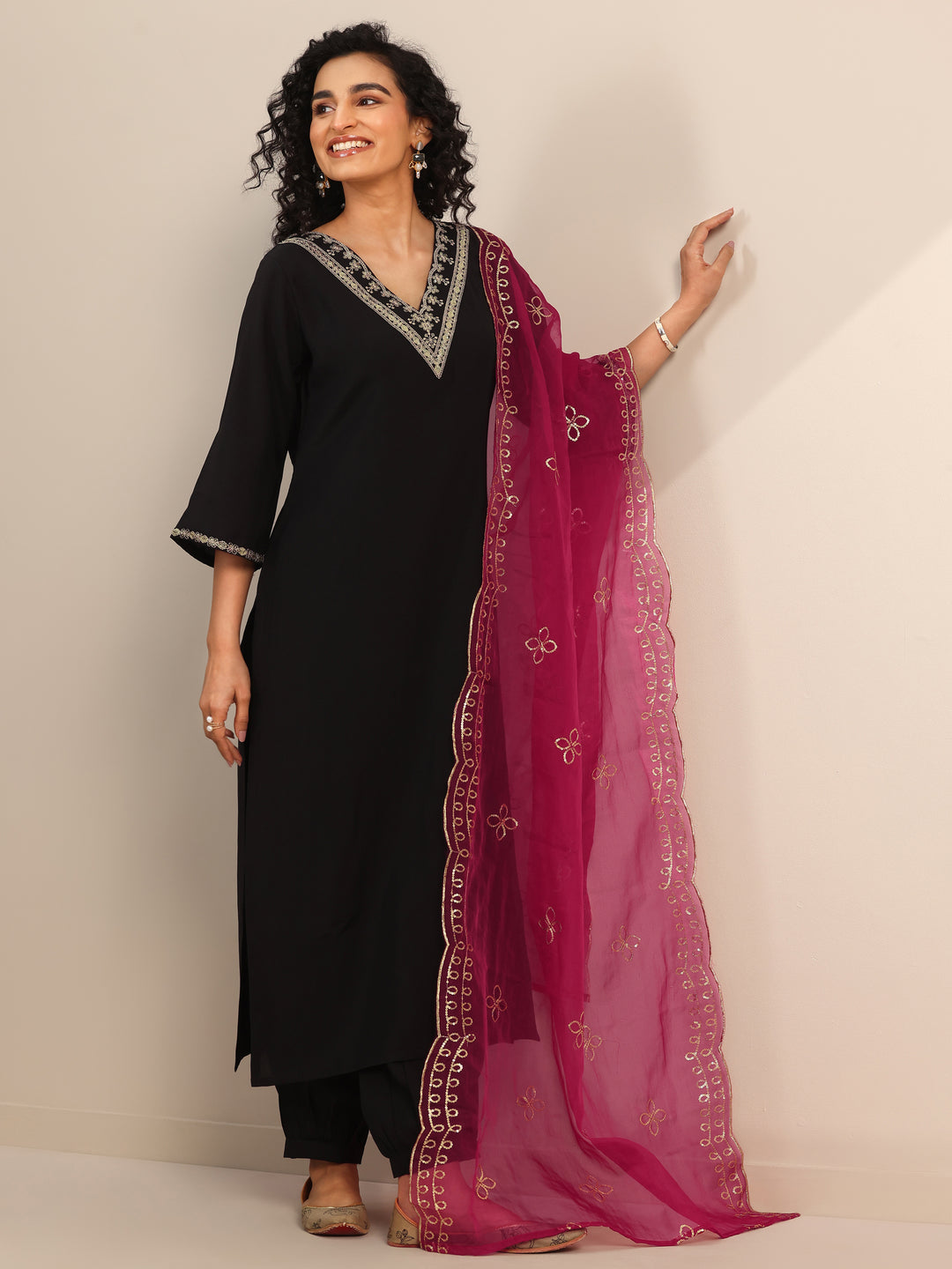 Black Yoke Design Silk Blend Straight Suit Set With Dupatta
