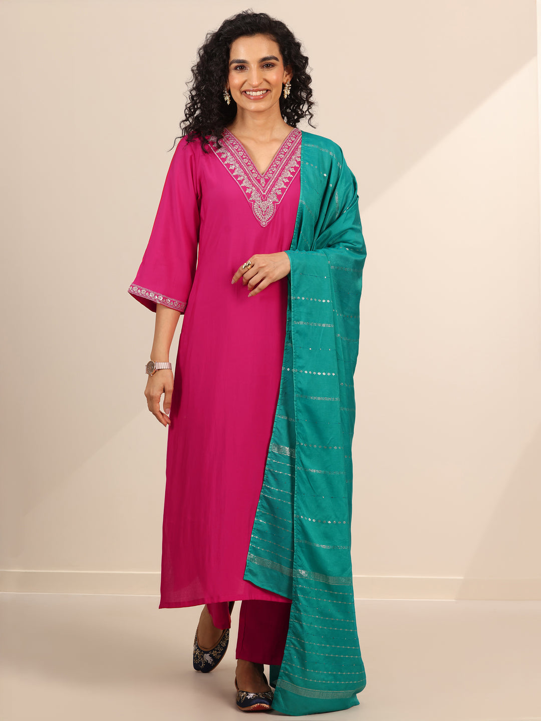 Pink Yoke Design Silk Blend Straight Suit Set With Dupatta