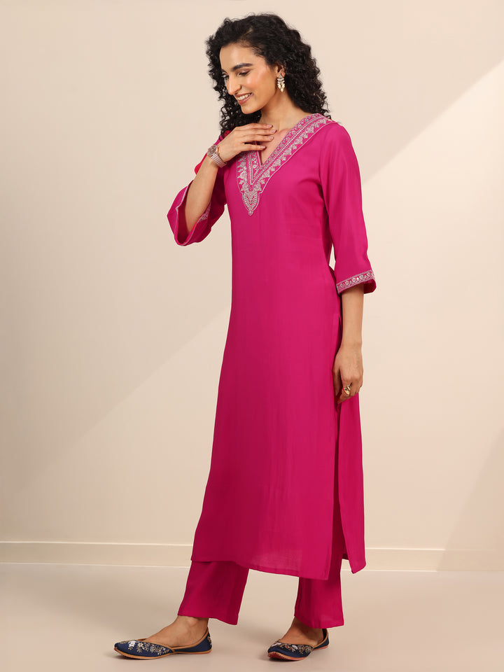 Pink Yoke Design Silk Blend Straight Suit Set With Dupatta