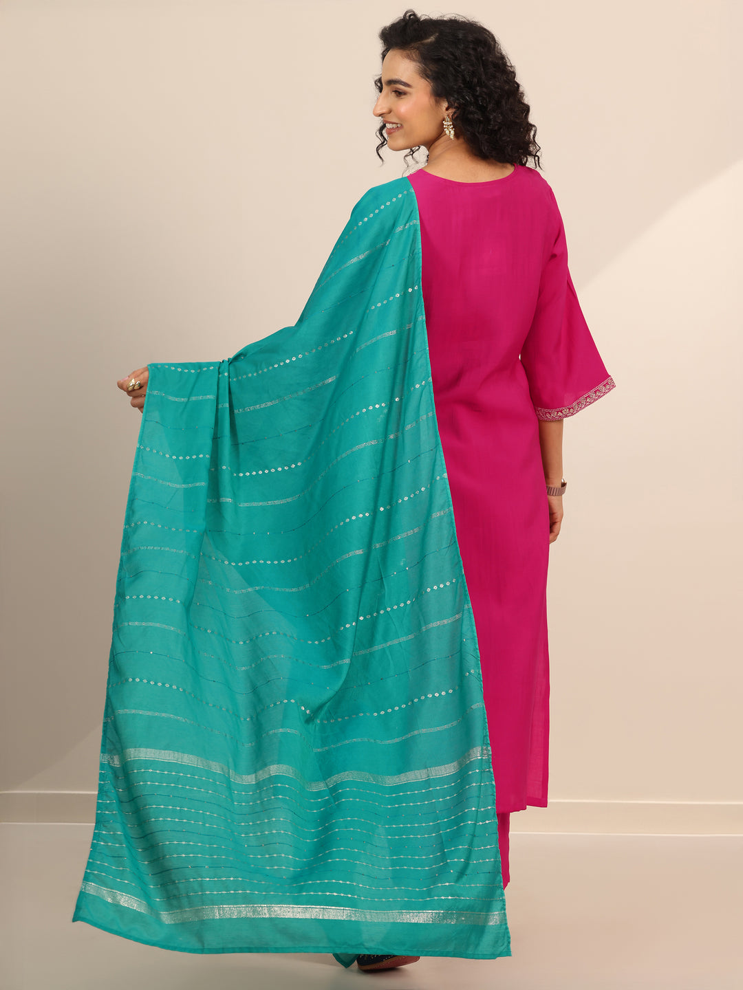 Pink Yoke Design Silk Blend Straight Suit Set With Dupatta