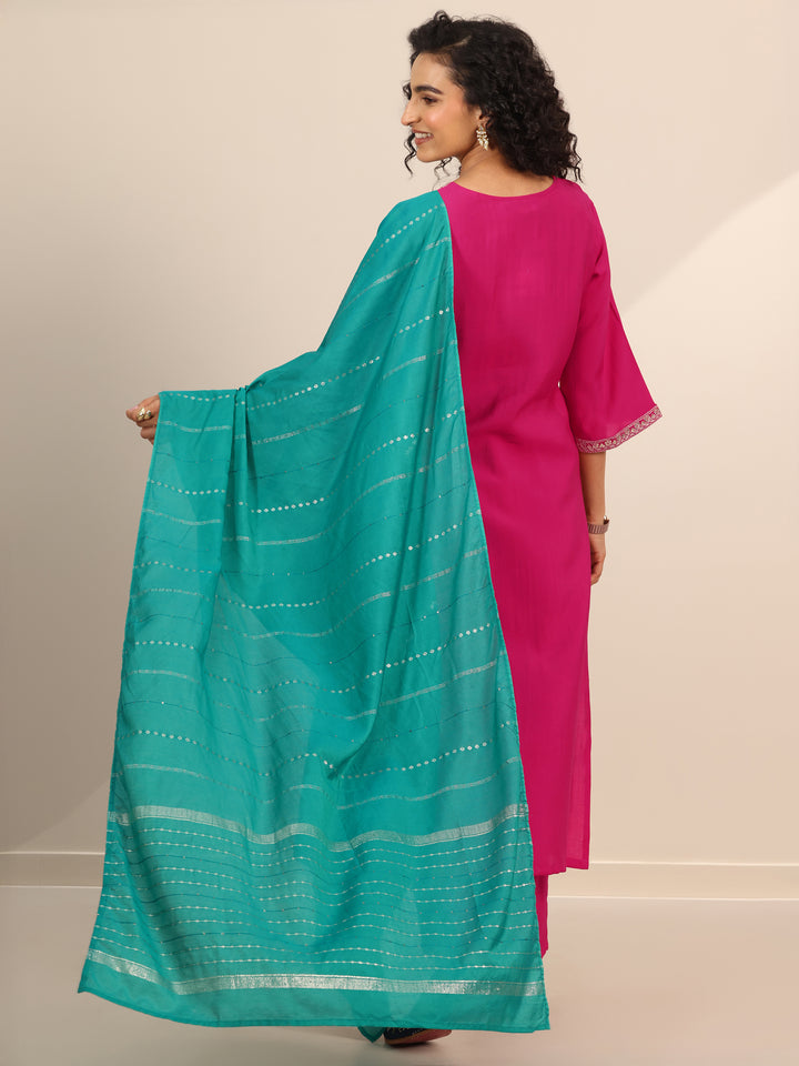 Pink Yoke Design Silk Blend Straight Suit Set With Dupatta